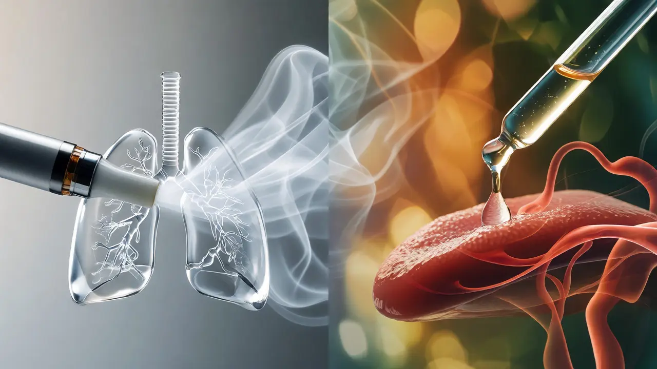 Konceptuální porovnání vapingu a sublingválního podávání CBD na plíce