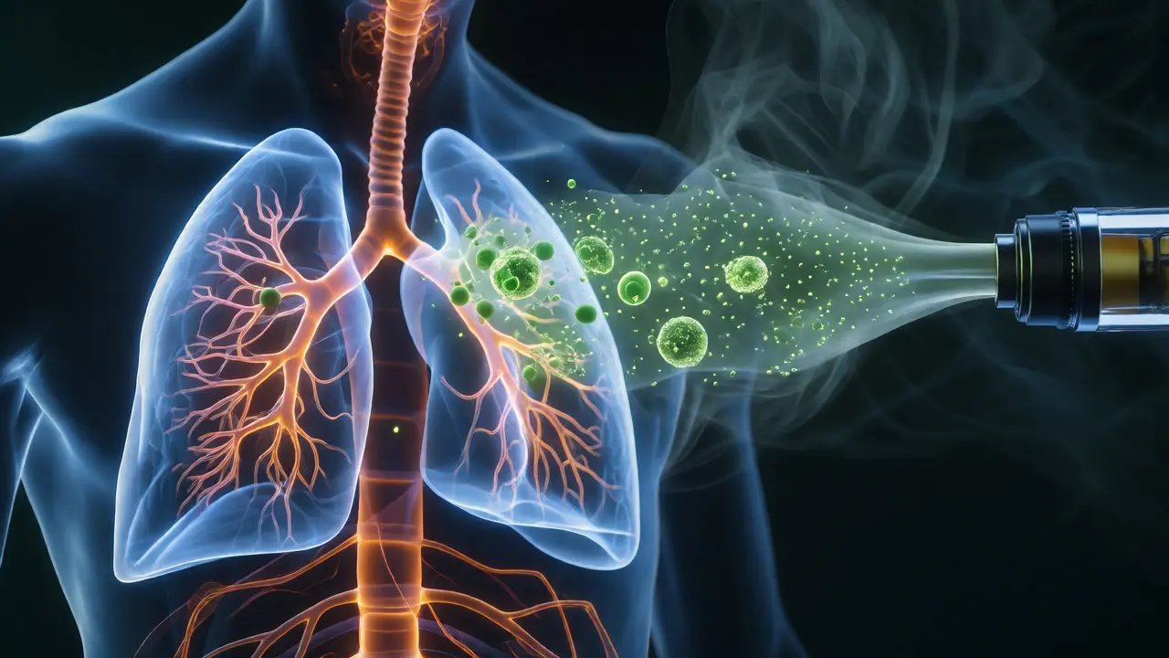 Konceptuální vizualizace inhalace CBD výparů do plic a aktivace nervových drah.
