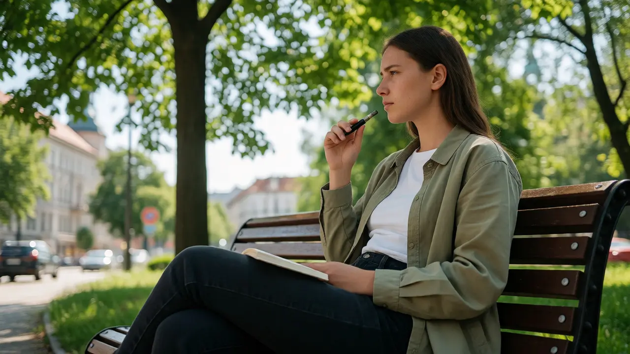 Mladý člověk relaxující v parku s vape perem, jasná mysl