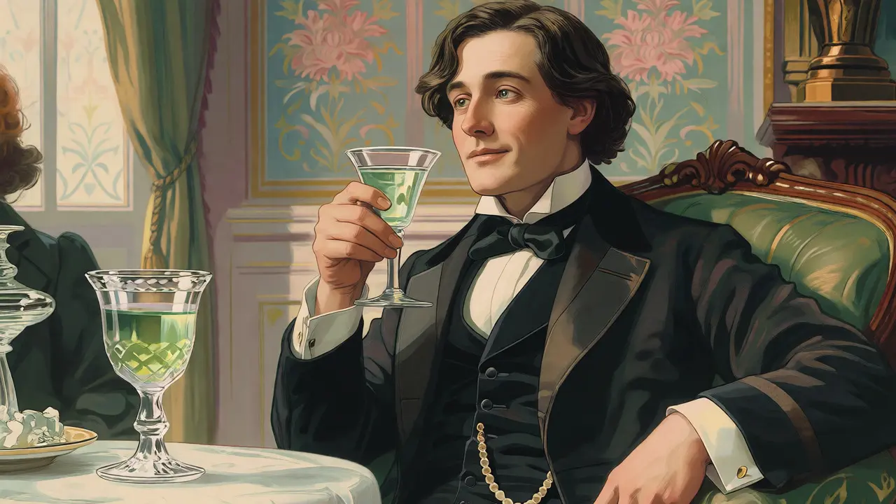 Oscar Wilde elegantně drží sklenici ředěného absintu ve společenském prostředí.