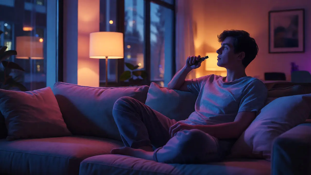 Osoba relaxující na gauči s vape perem v ruce v klidném nočním prostředí.