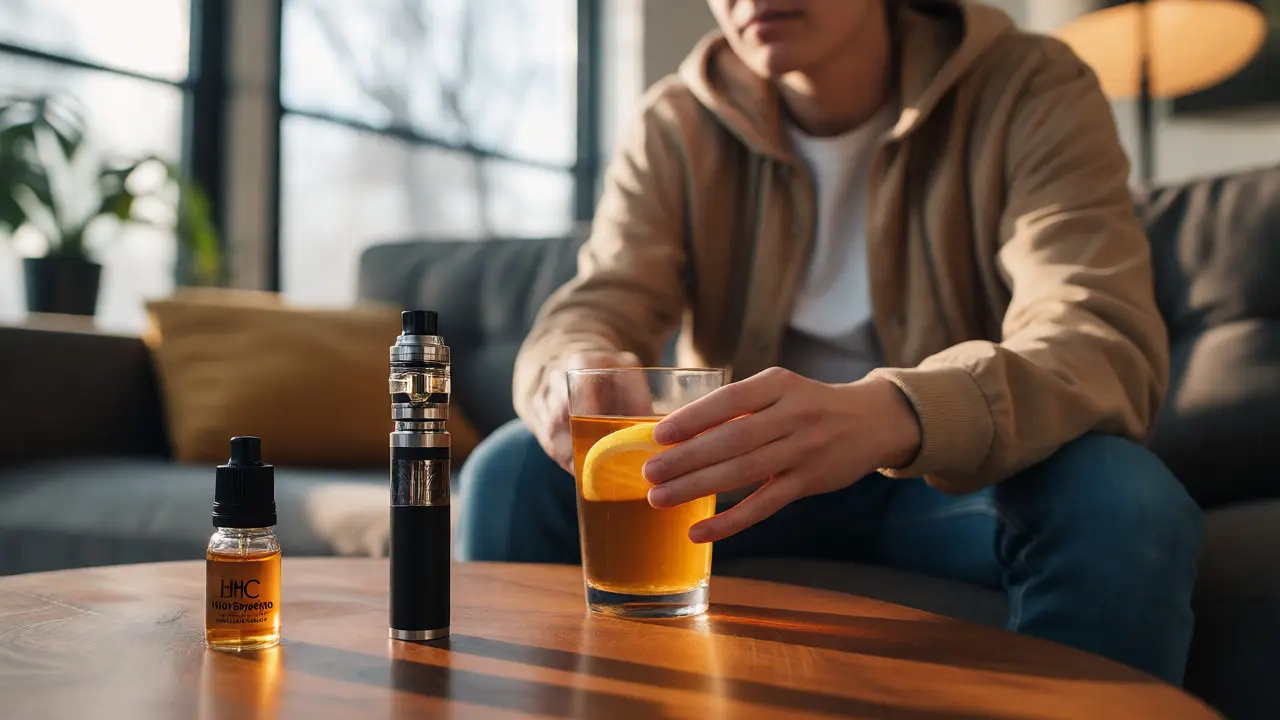 Osoba s teplou vodou a medem vedle vape pera