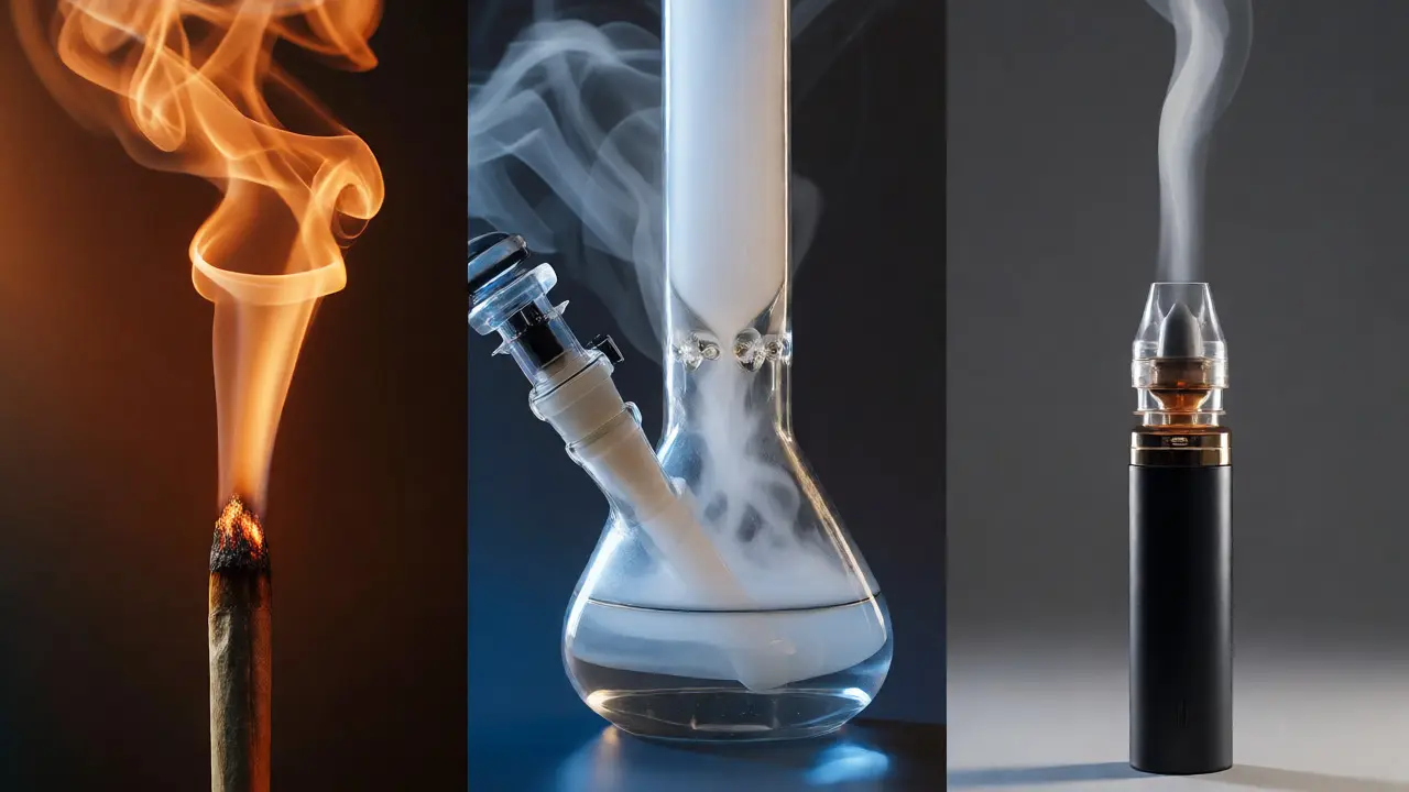 Porovnání kouře z jointu, bonga a páry z vaporizéru vedle sebe