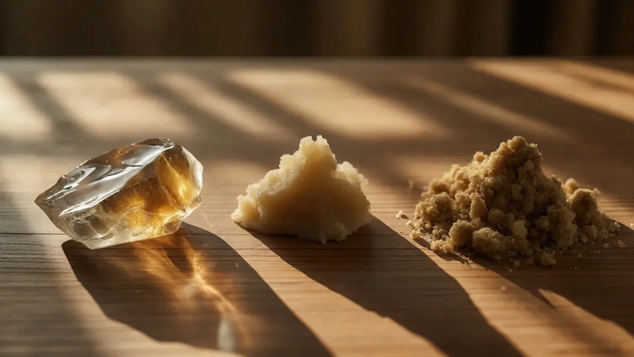 Porovnání tří forem CBD koncentrátů: shatter, wax a crumble vedle sebe na dřevěném stole.