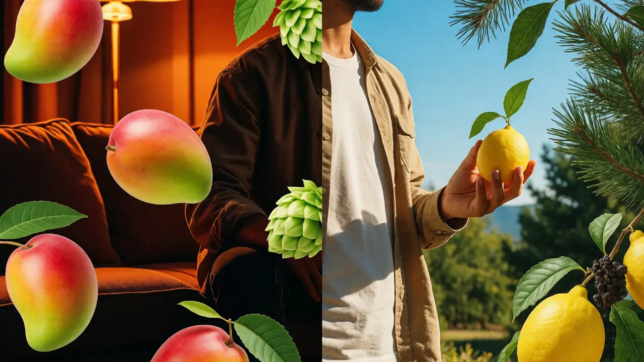 Rozdělená scéna porovnávající večerní relaxaci s mircenem a ranní energii s limonenem.