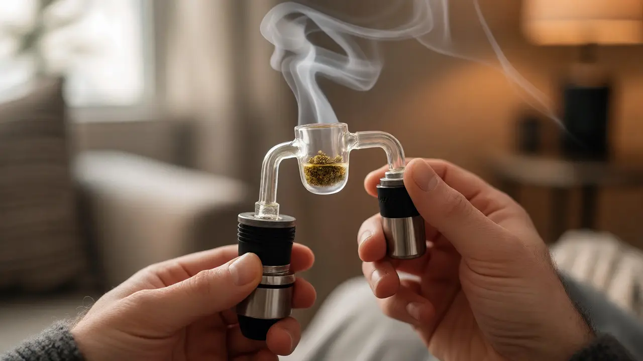 Ruce používající dab rig k vapingu roztaveného CBD crumble