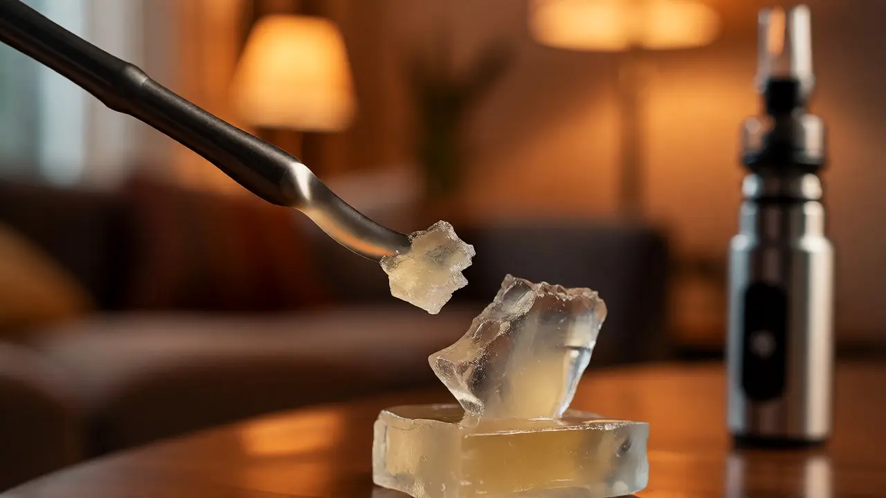 Ruka odlamuje kousek křehkého CBD shatteru z většího bloku pomocí nástroje.