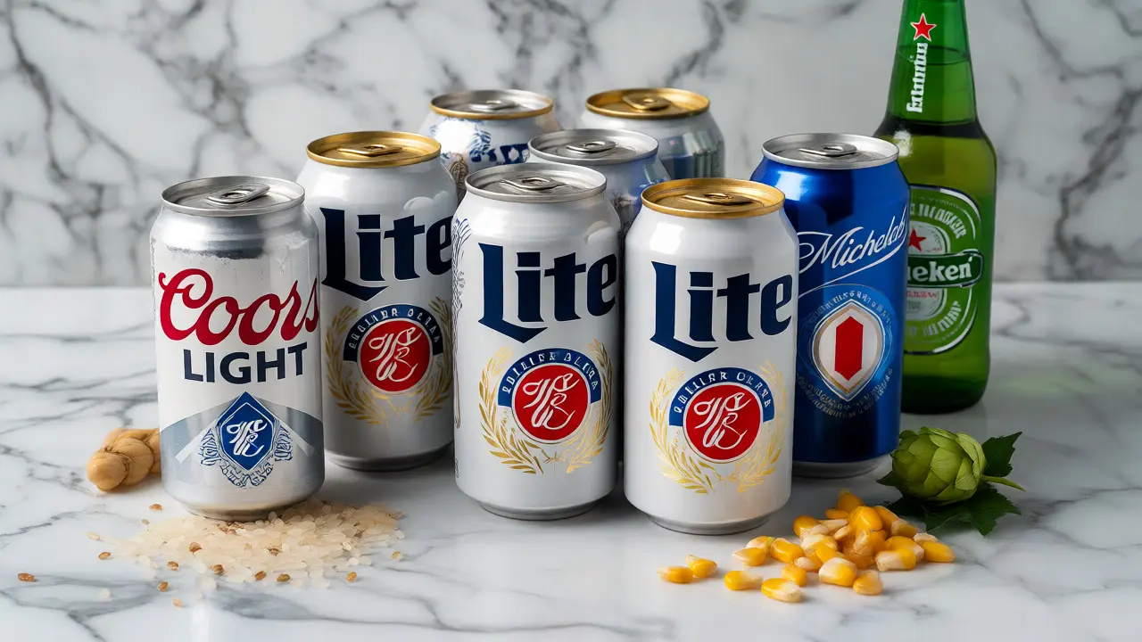 Sbírka plechovek lehkých piv jako Coors, Miller a Michelob na mramoru.