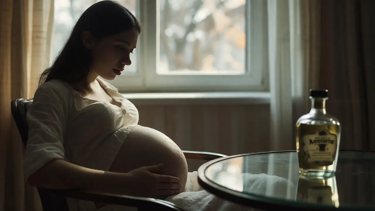 Těhotná žena se zamyšleným pohledem na nedotčený absint