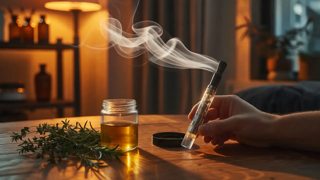 Vape pero na dřevěném stole vedle olejů a bylinek v teplém osvětlení