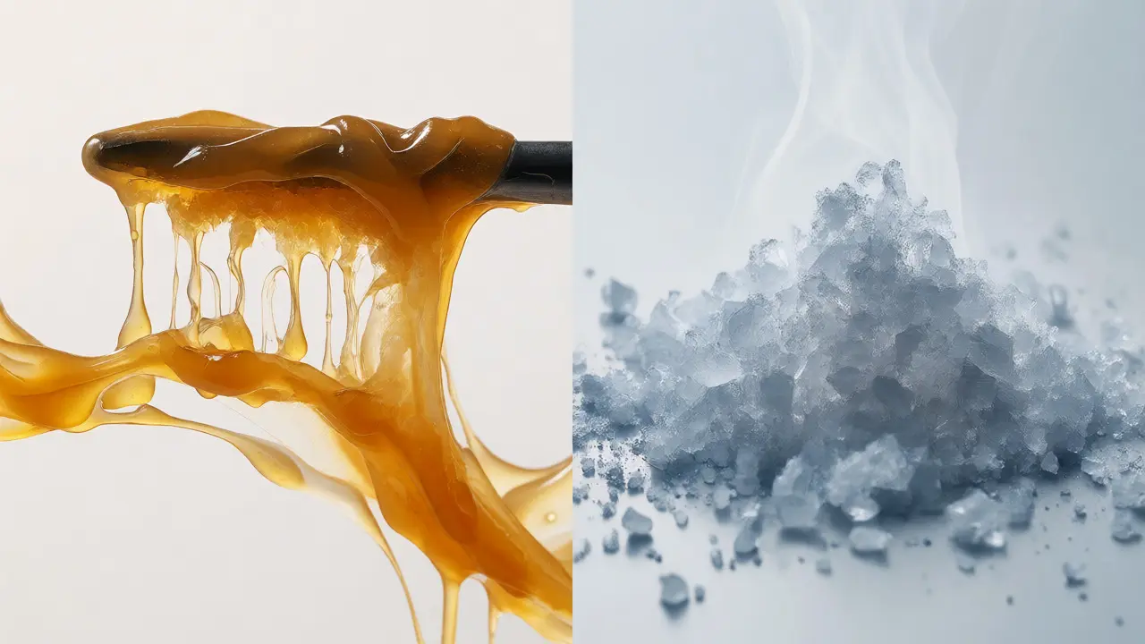 Vizuální znázornění rozdílů v konzistenci mezi elastickým waxem a krystalickým crumble