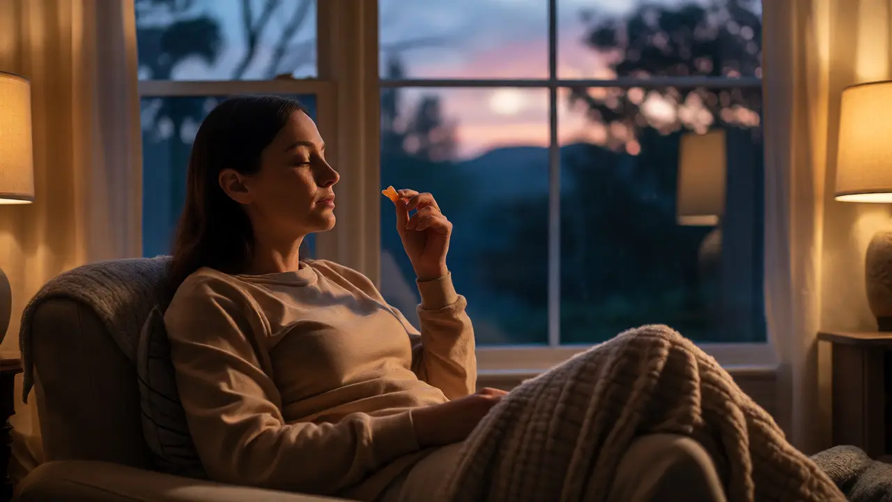 Žena v křesle večer u okna drží jednu CBD gumu a relaxuje